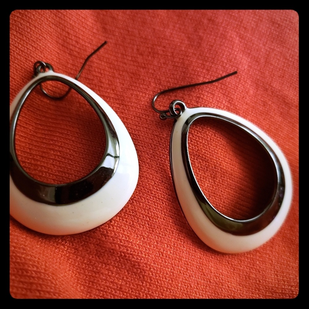Lia Sophia White and Silver Teardrop Hoop Earrings